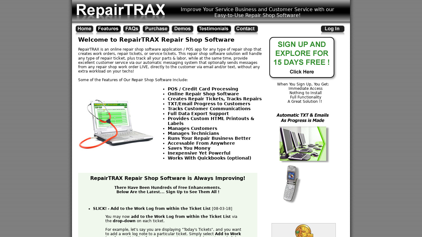 RepairTRAX Repair Shop Software Landing page