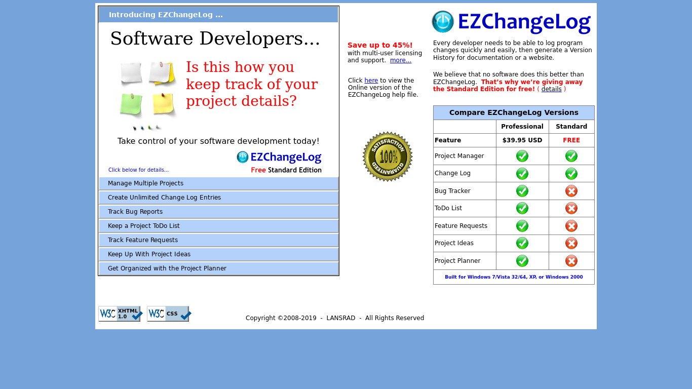 EZChangeLog Landing page