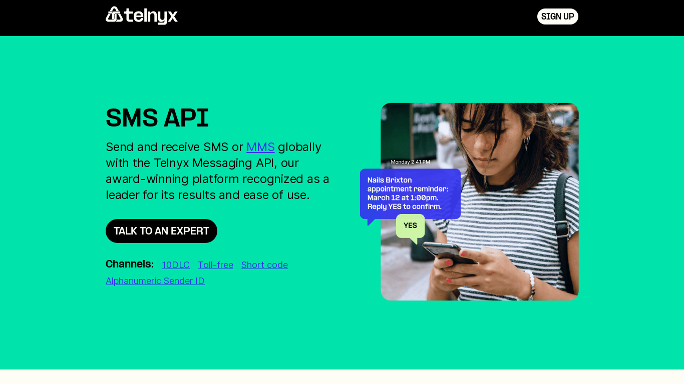 Telnyx SMS API Landing page