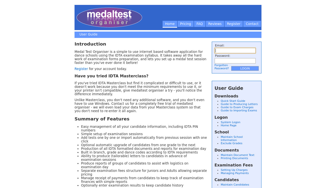 MedalTest Organiser Landing page
