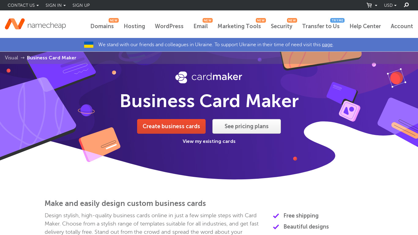 Namecheap Business Card Maker Landing page