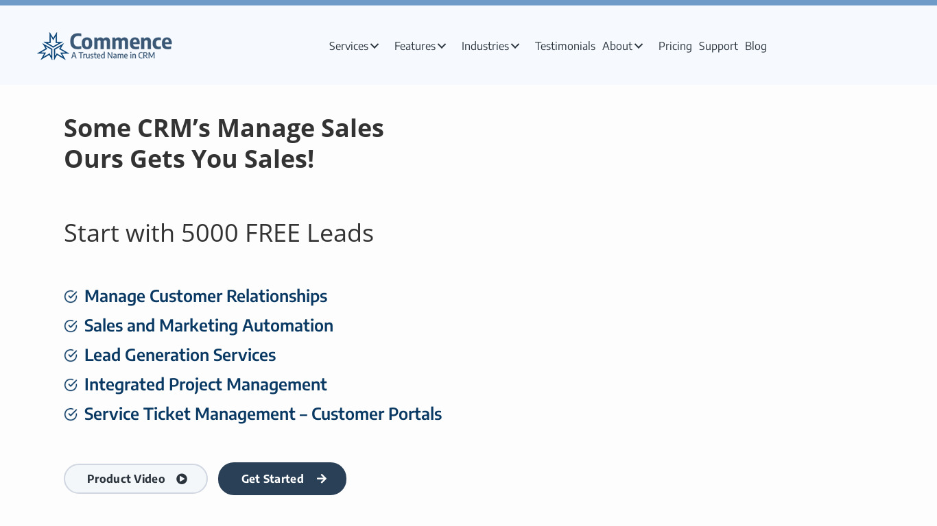 Commence CRM Landing page
