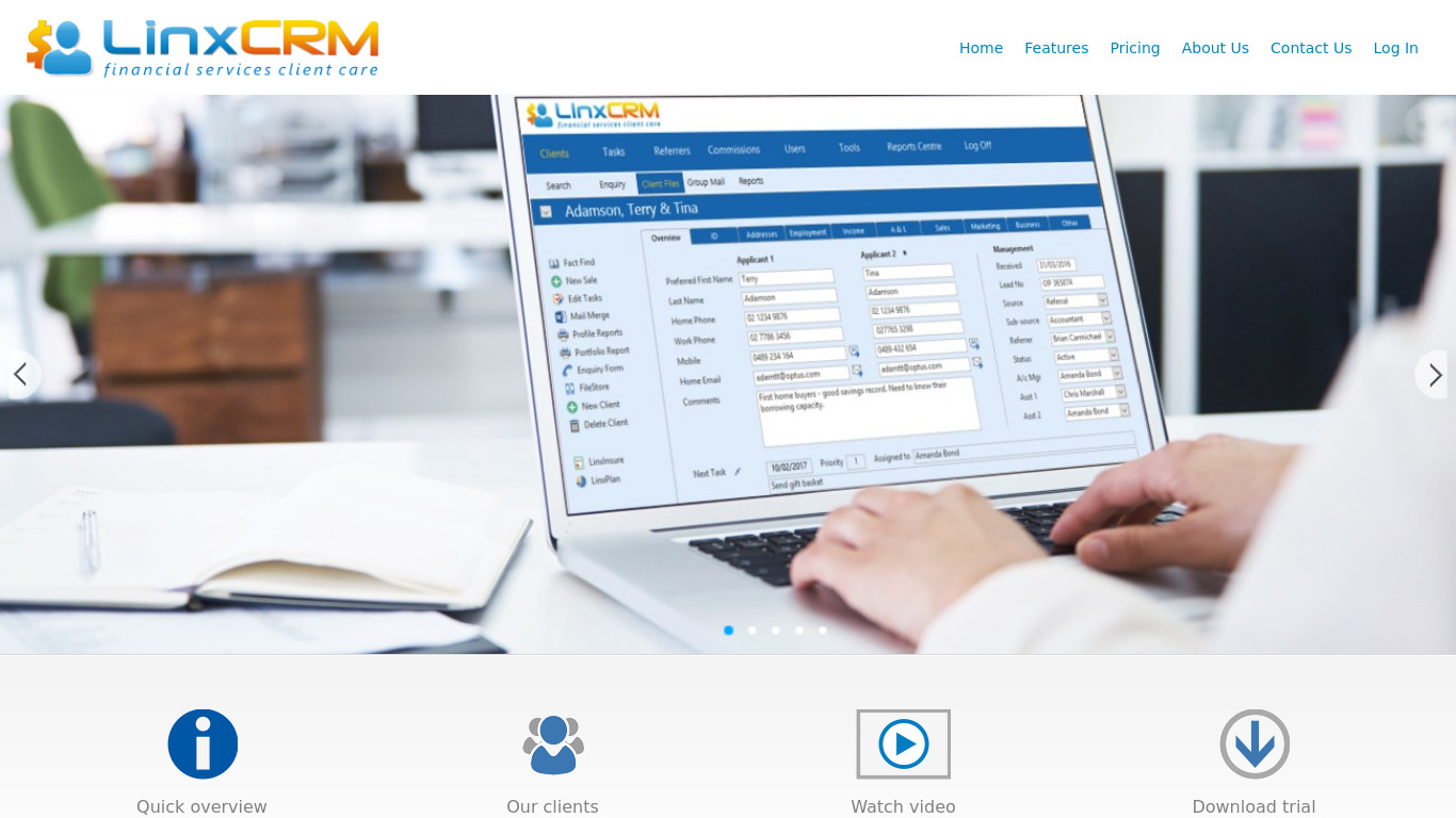 LinxCRM Landing page