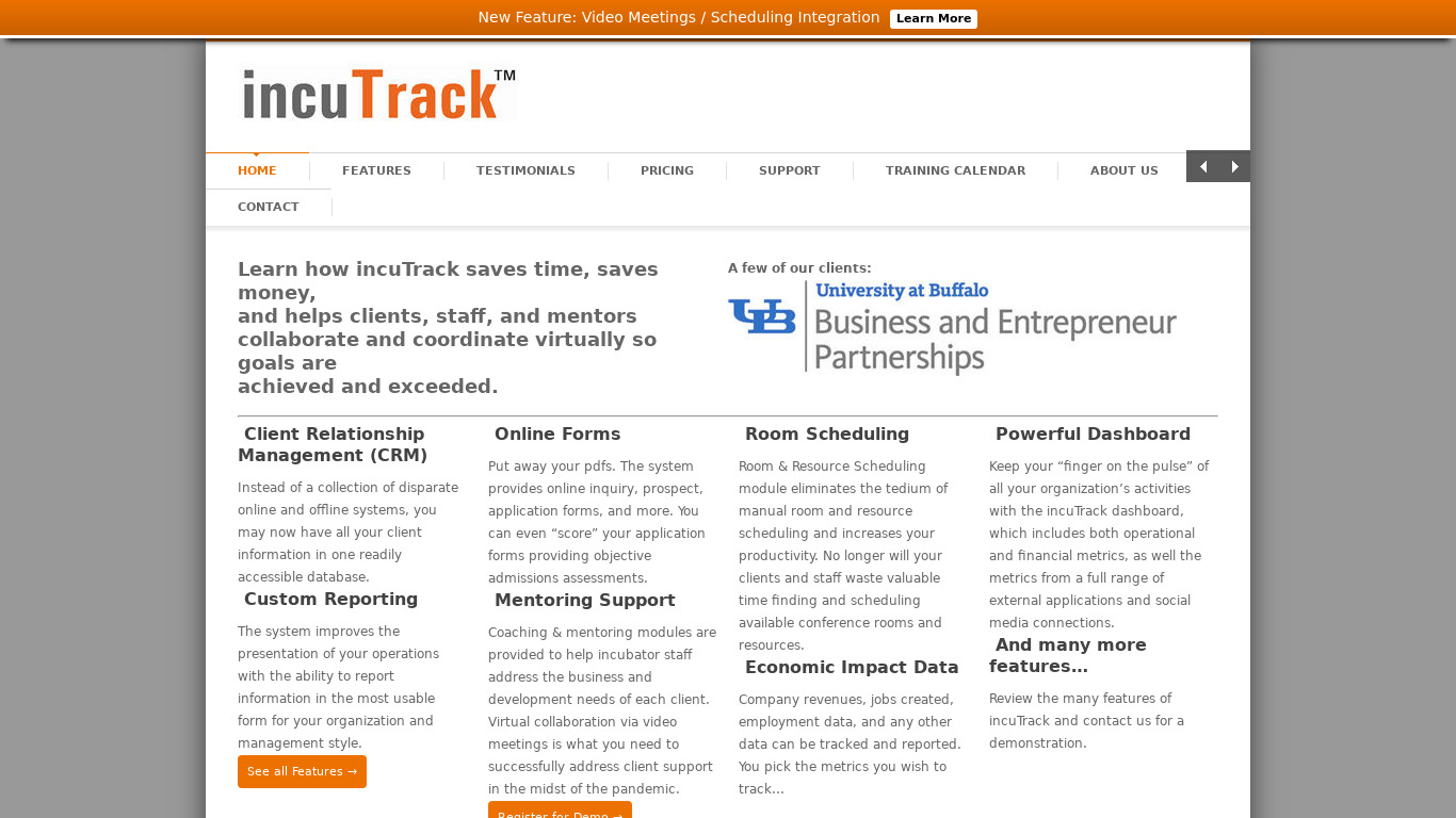 incuTrack Landing page