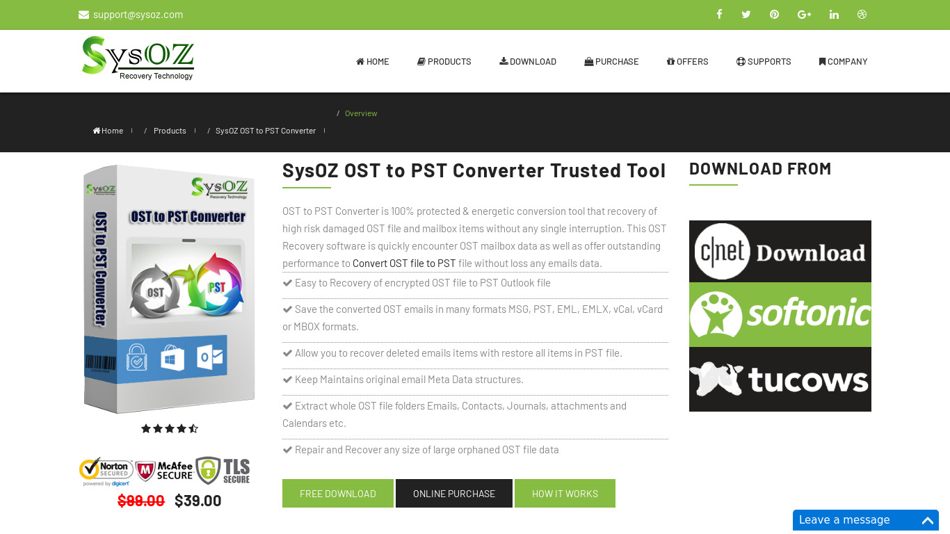 Sysoz OST to PST Converter Landing page