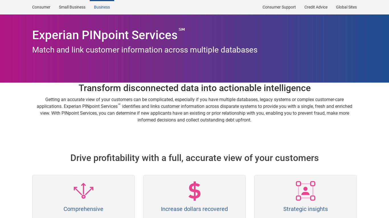 Experian Single Customer View Landing page