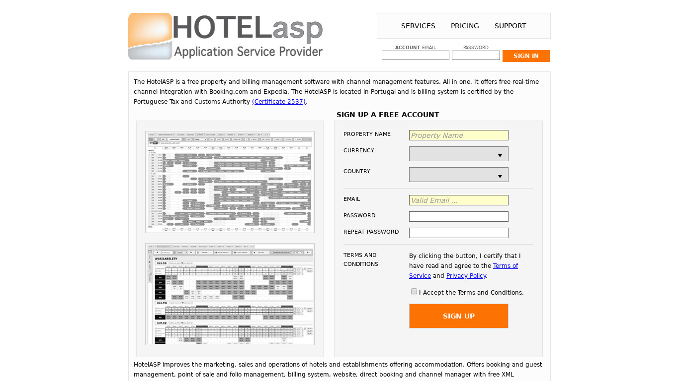 HotelASP Landing page