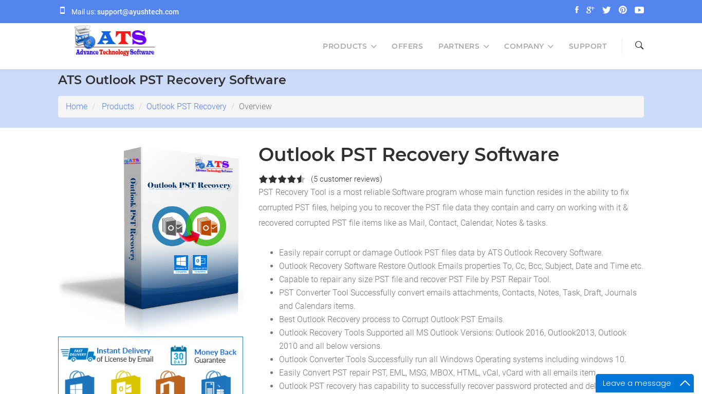 Outlook PST Recovery Software Landing page