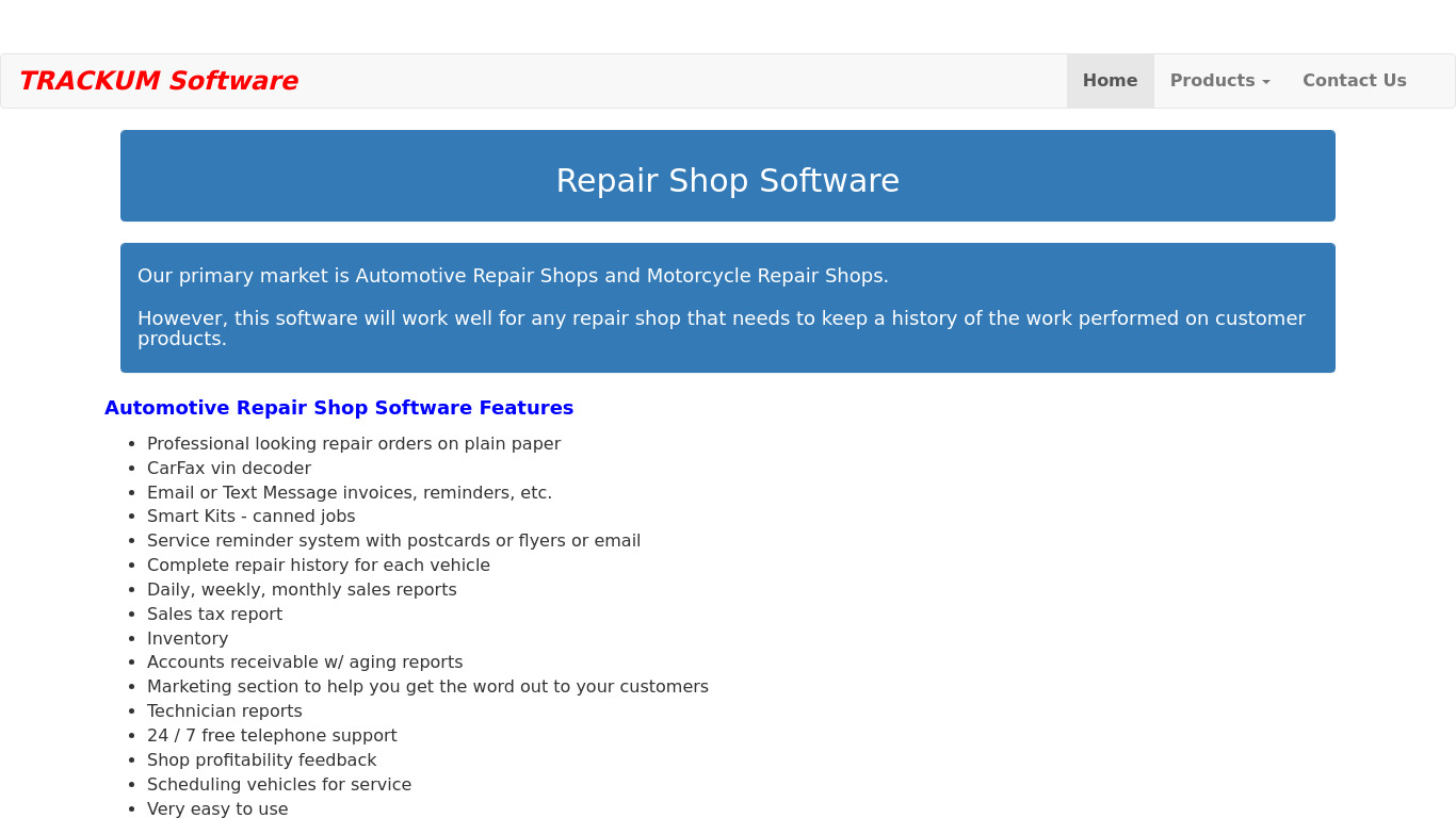 TRACKUM Repair Manager Landing page