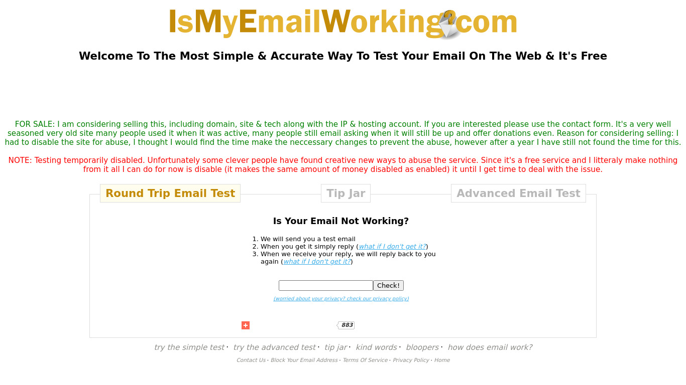 IsMyEmailWorking.com Landing page