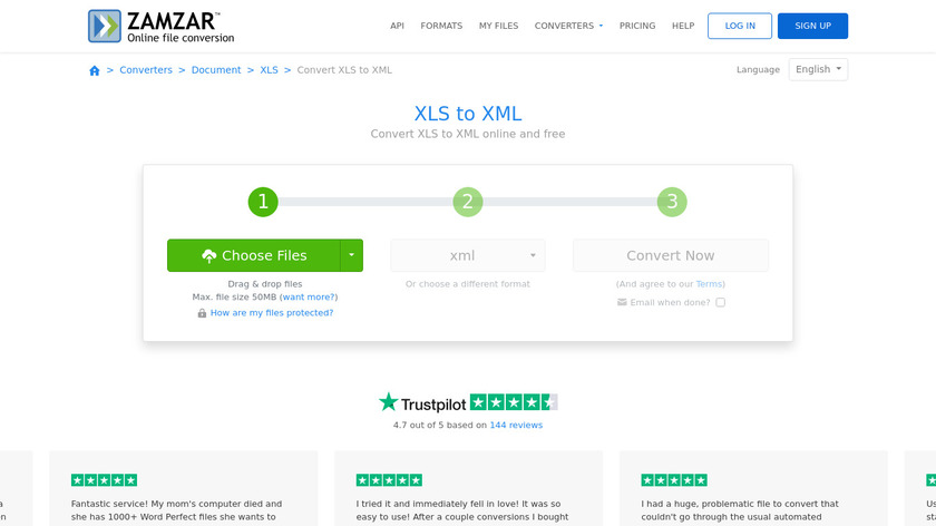 ZAMZAR XLS to XML Landing Page