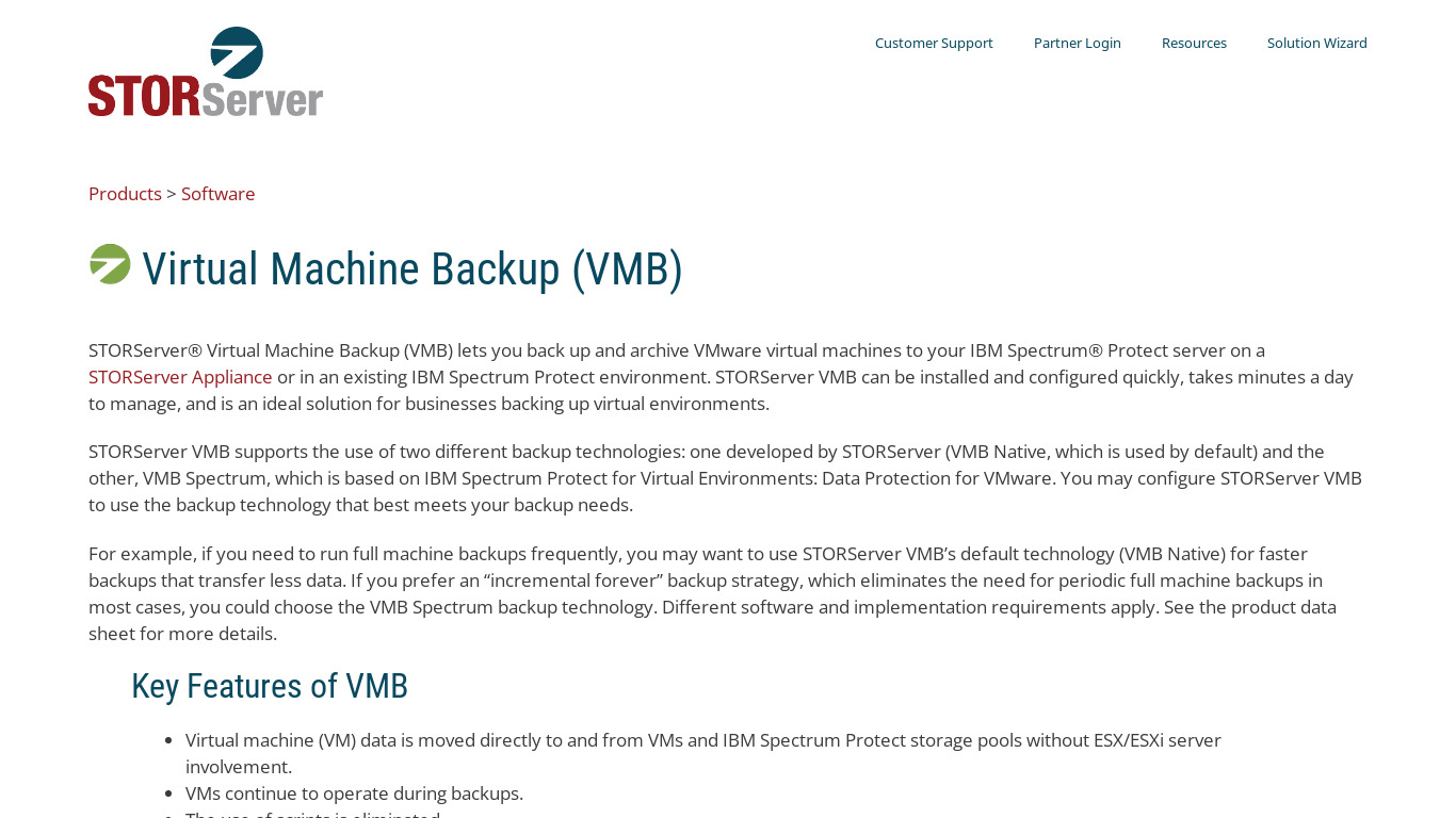 STORServer Virtual Machine Backup Landing page