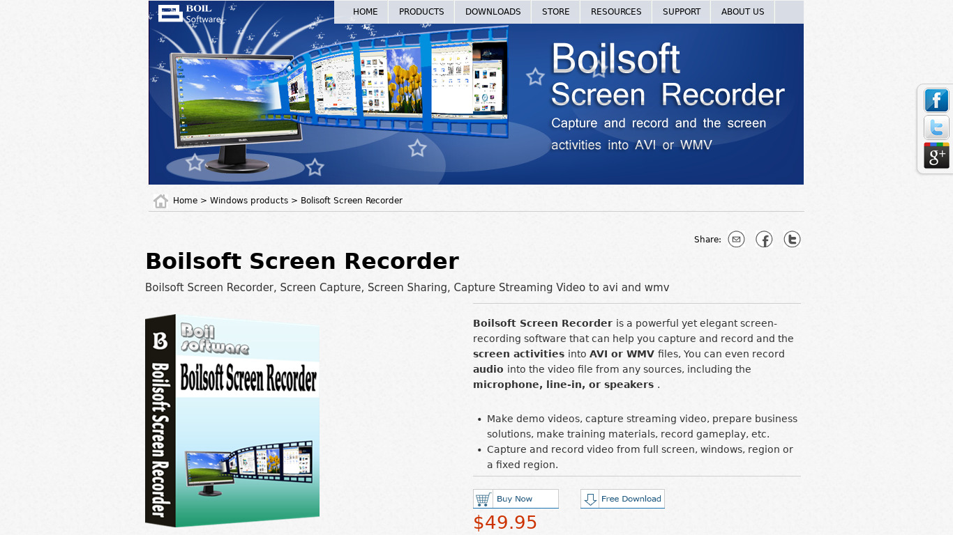 Boilsoft Screen Recorder Landing page