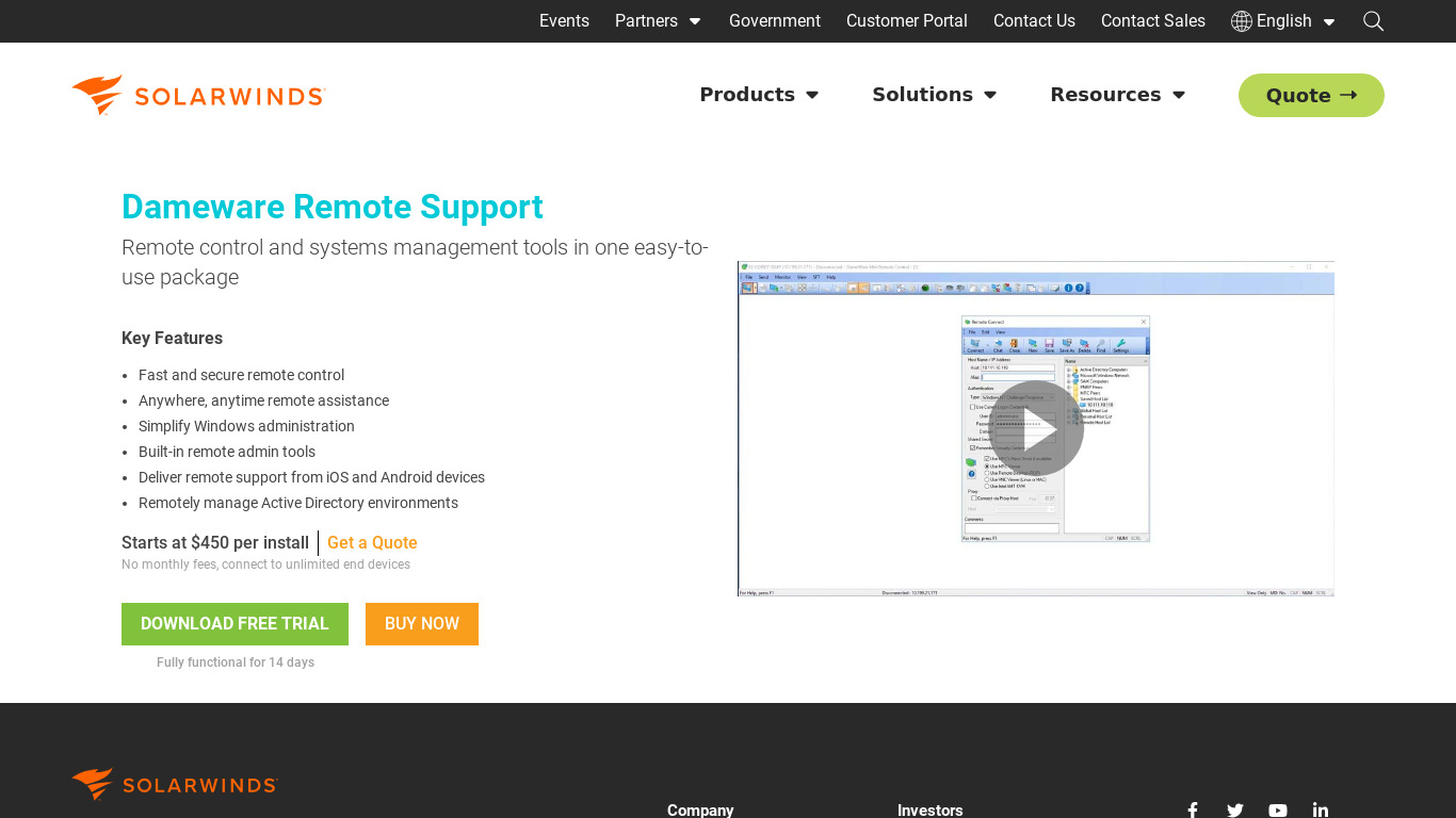 SolarWinds DameWare Remote Support Landing page