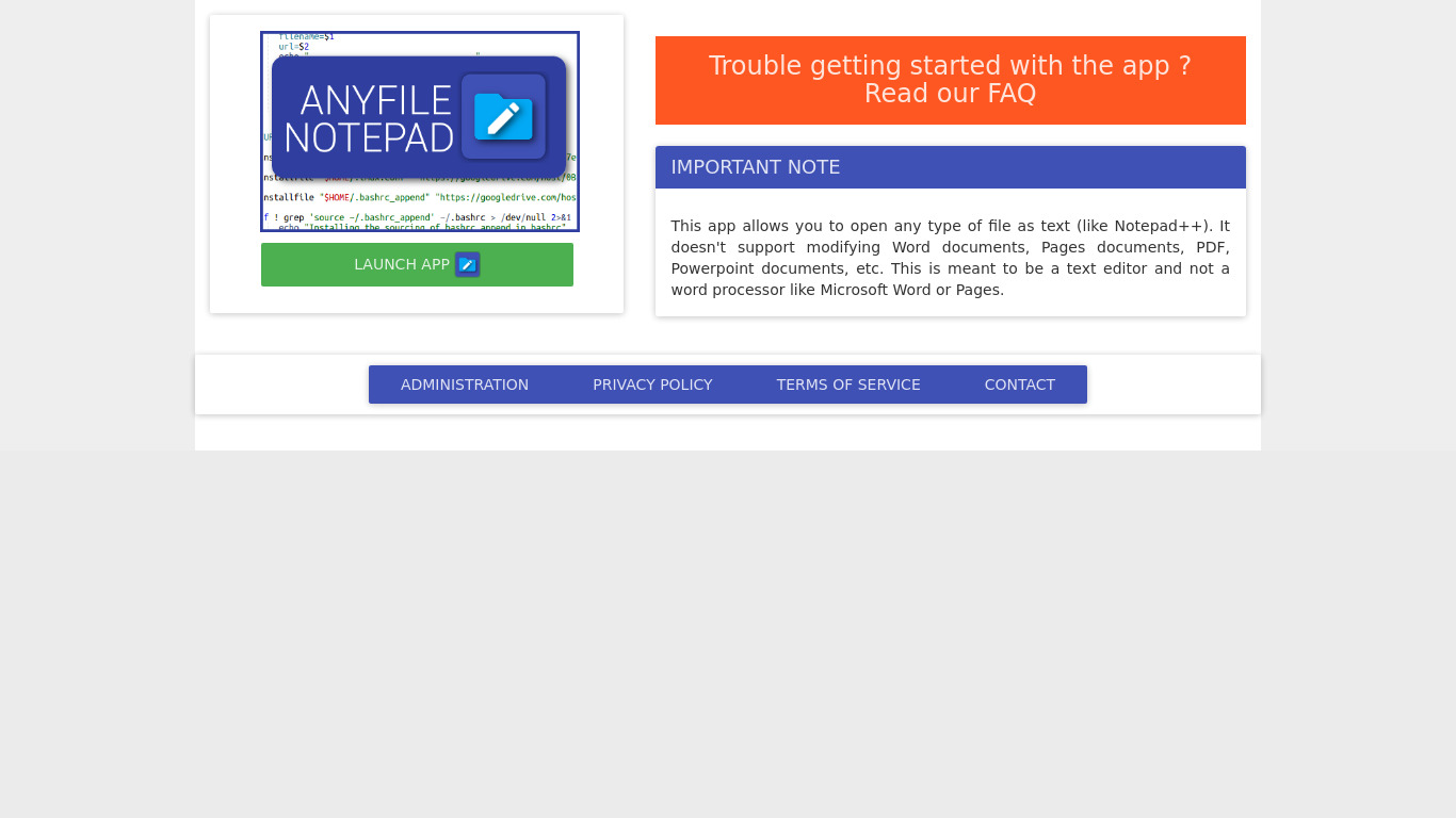 Anyfile Notepad Landing page