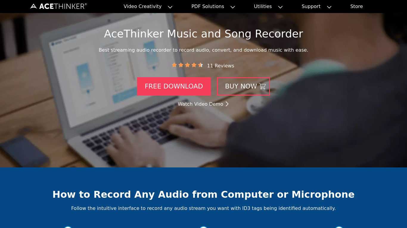Acethinker Music Recorder Landing page
