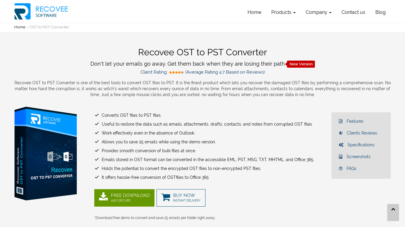 Recovee OST to PST Converter Landing page