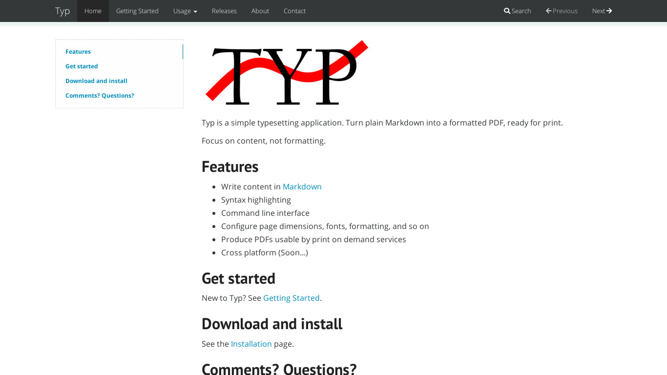 Typ-set.com Landing page