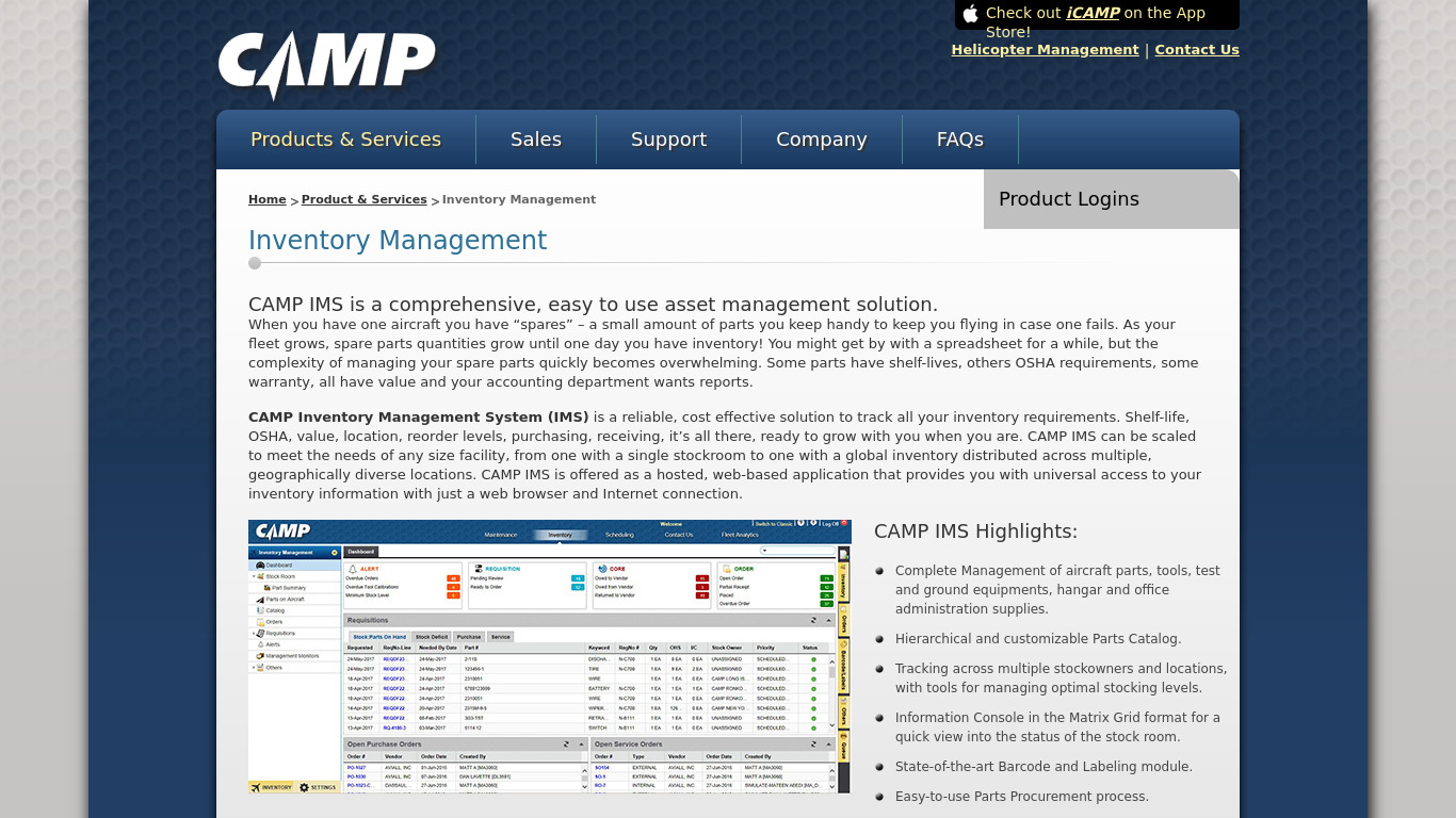 campsystems.com CAMP IMS Landing page