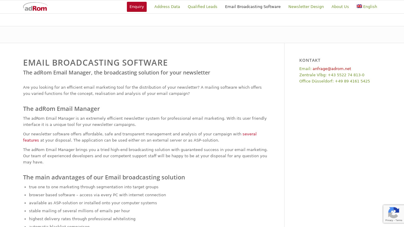 adRom Email Broadcasting Software Landing page