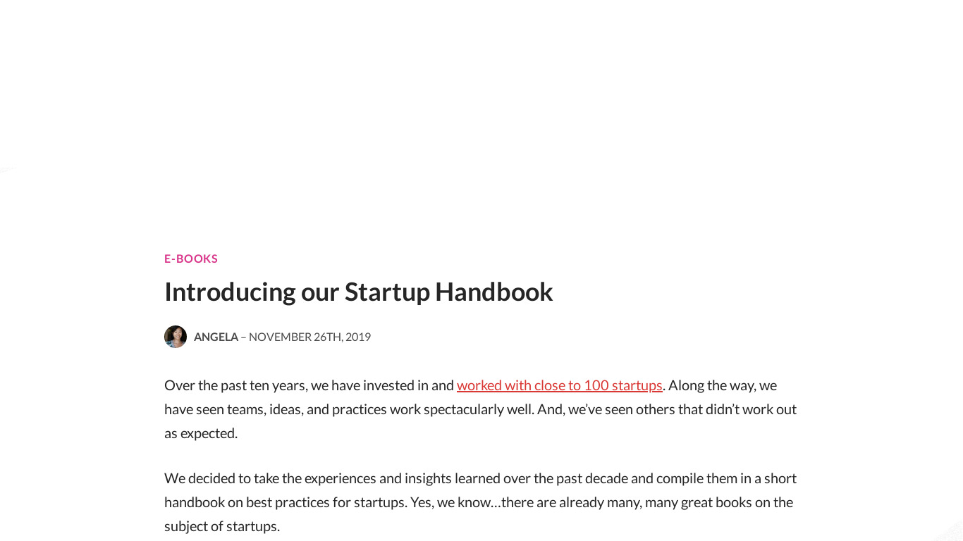 Startup Handbook Landing page