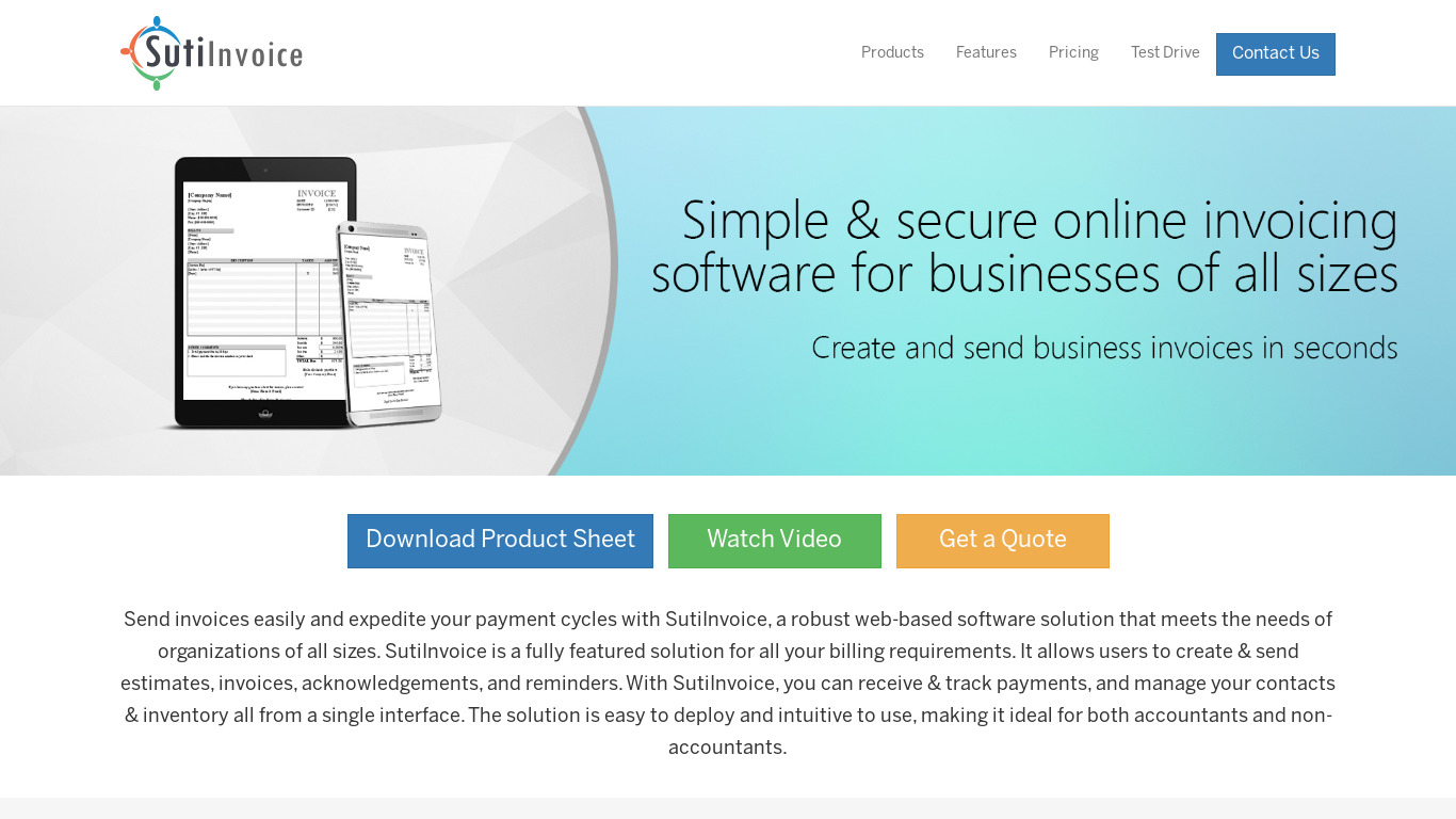 SutiInvoice Landing page