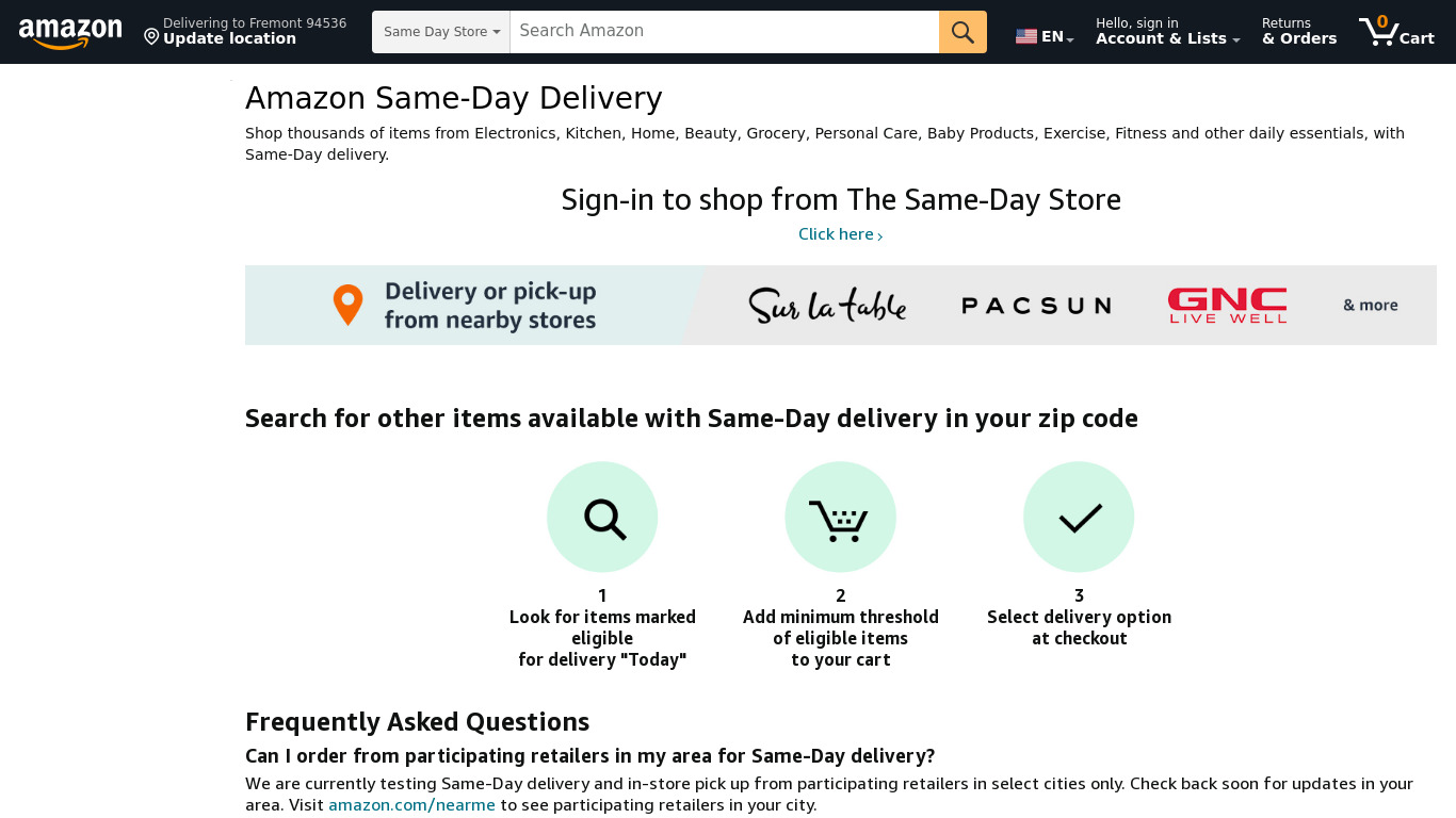 Amazon Same-Day Delivery Landing page