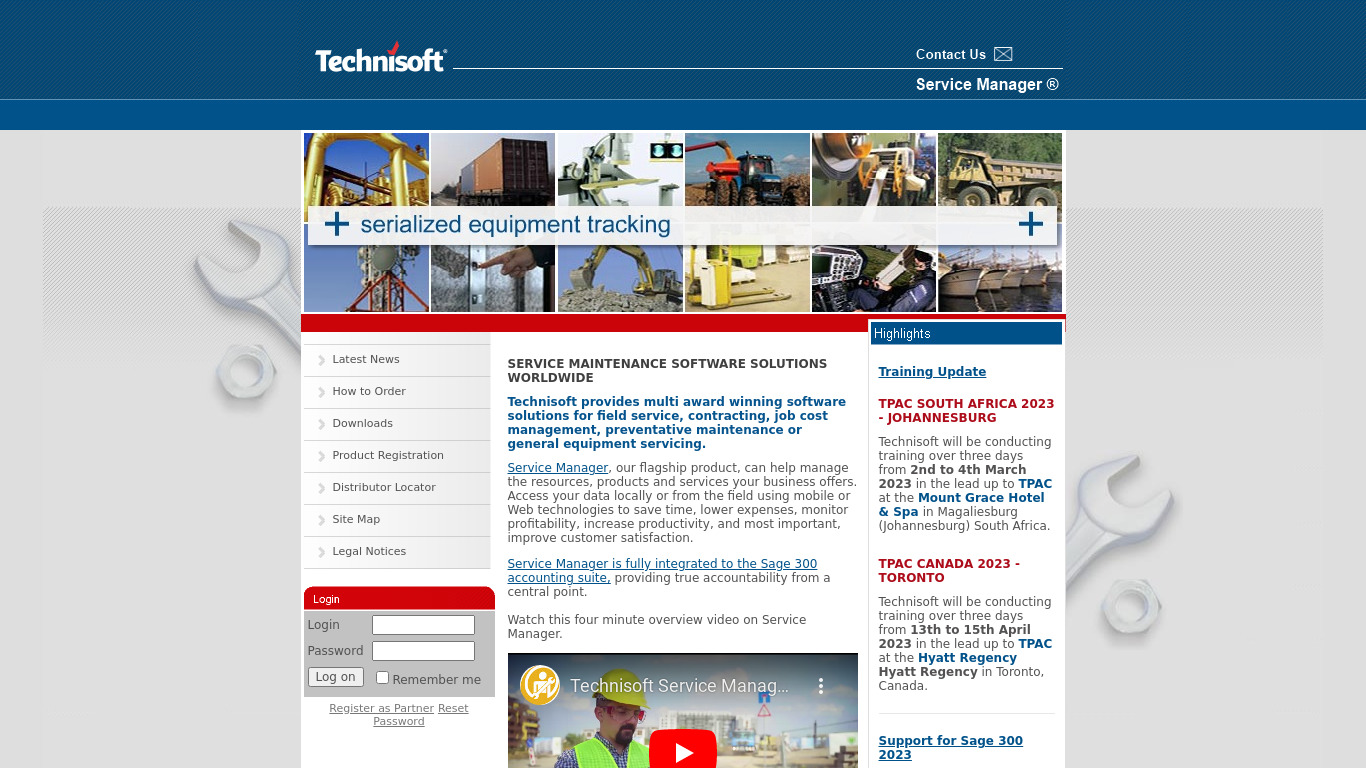 Technisoft Service Manager Landing page