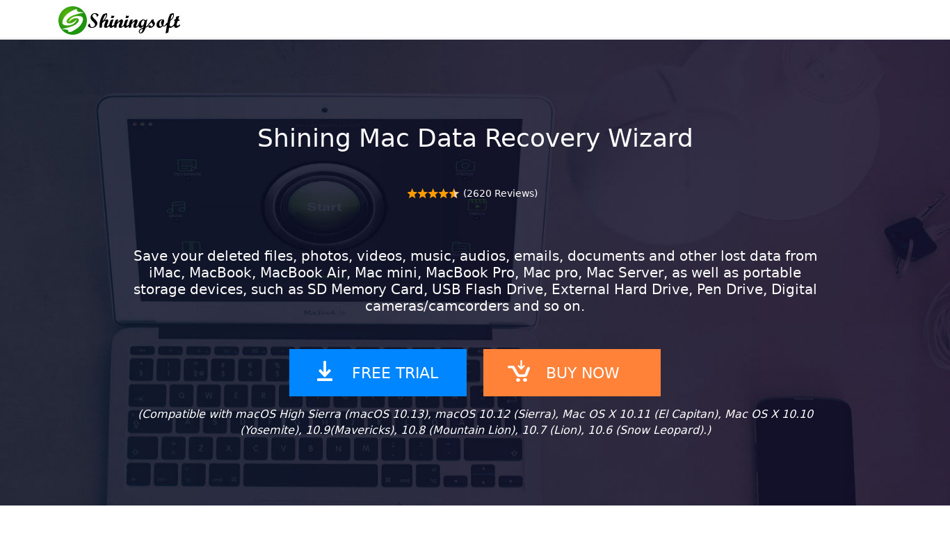 Shining Mac Data Recovery Wizard Landing page