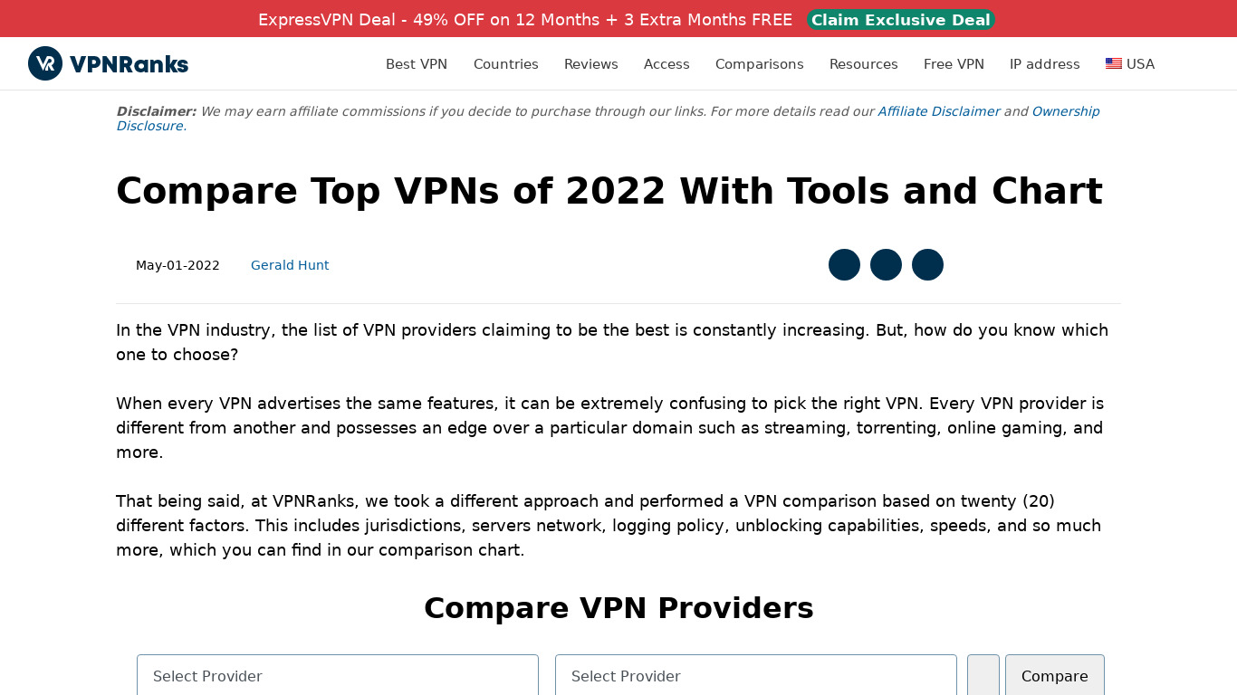 VPNRanks VPN Comparison Landing page