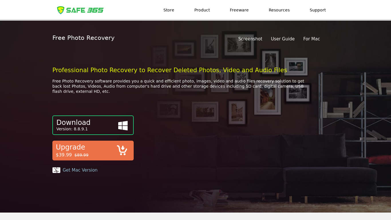 Safe365 Free Photo Recovery Landing page