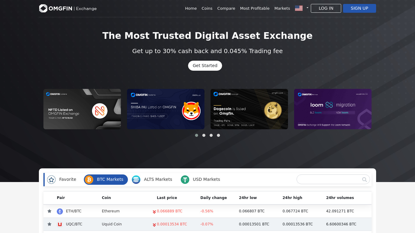 Omgfin Exchange Landing page