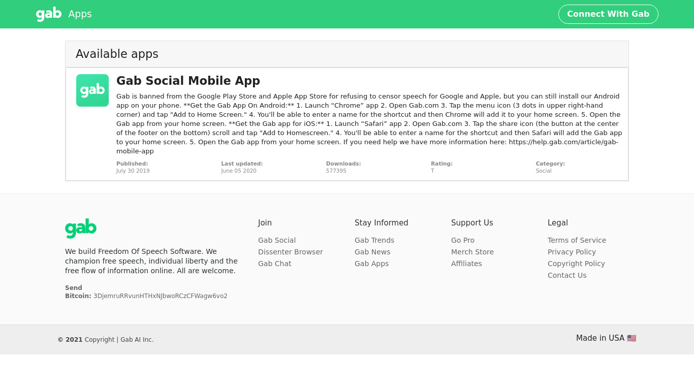 Gab App Store Landing page