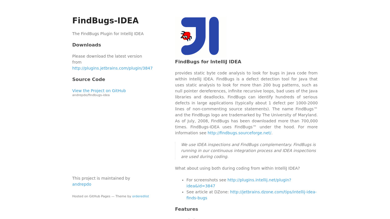 FindBugs for IntelliJ IDEA Landing page