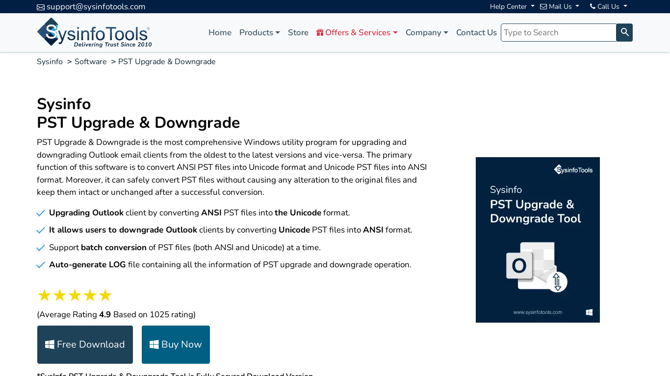 SysInfo PST Upgrade and Downgrade Landing page