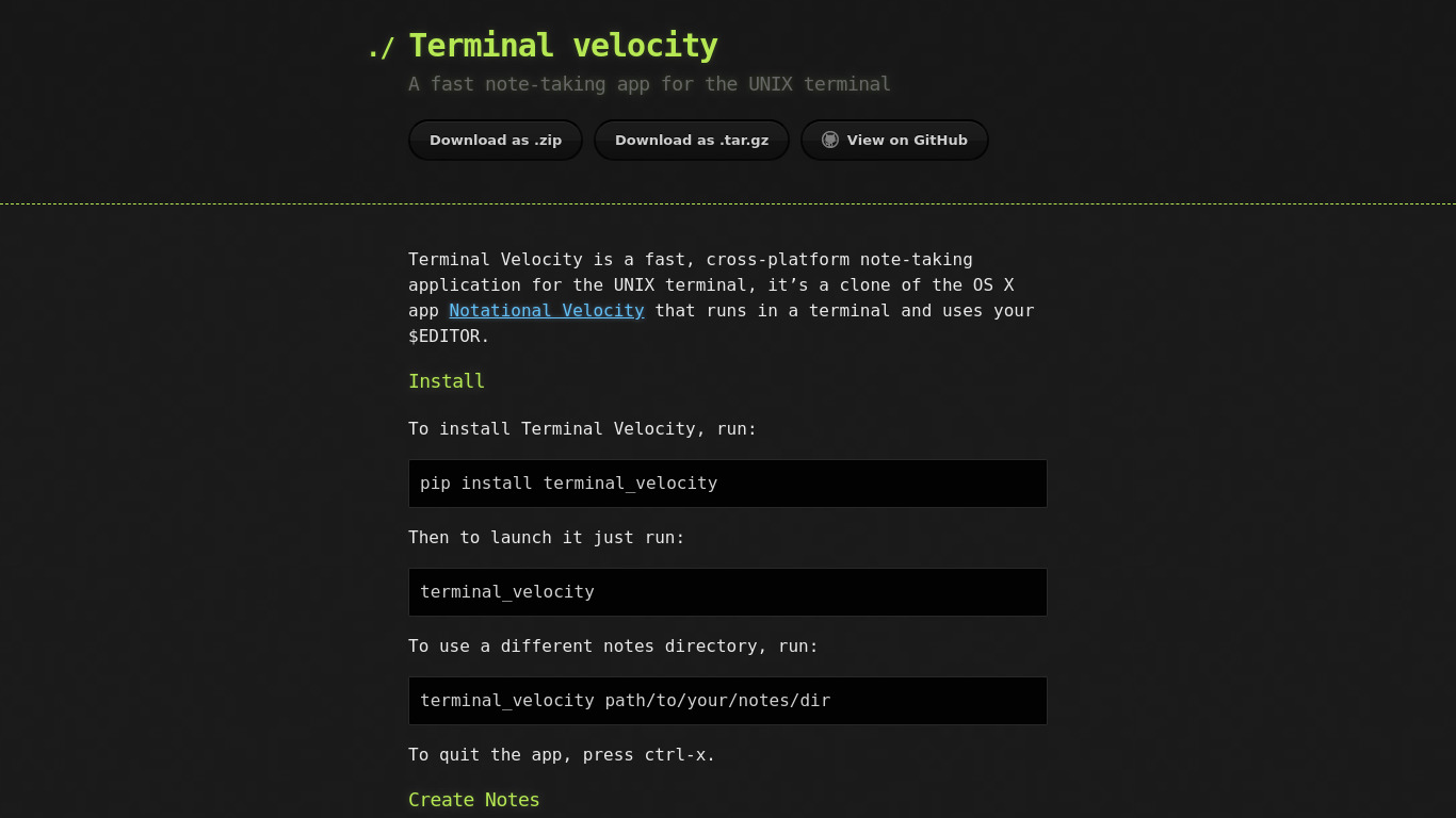 Terminal Velocity Landing page