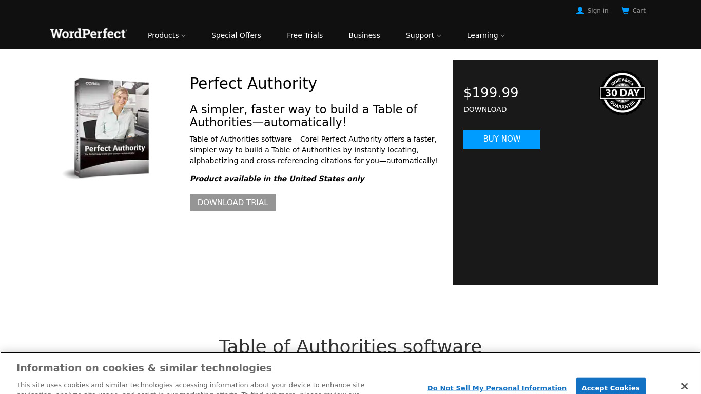Corel Perfect Authority Landing page