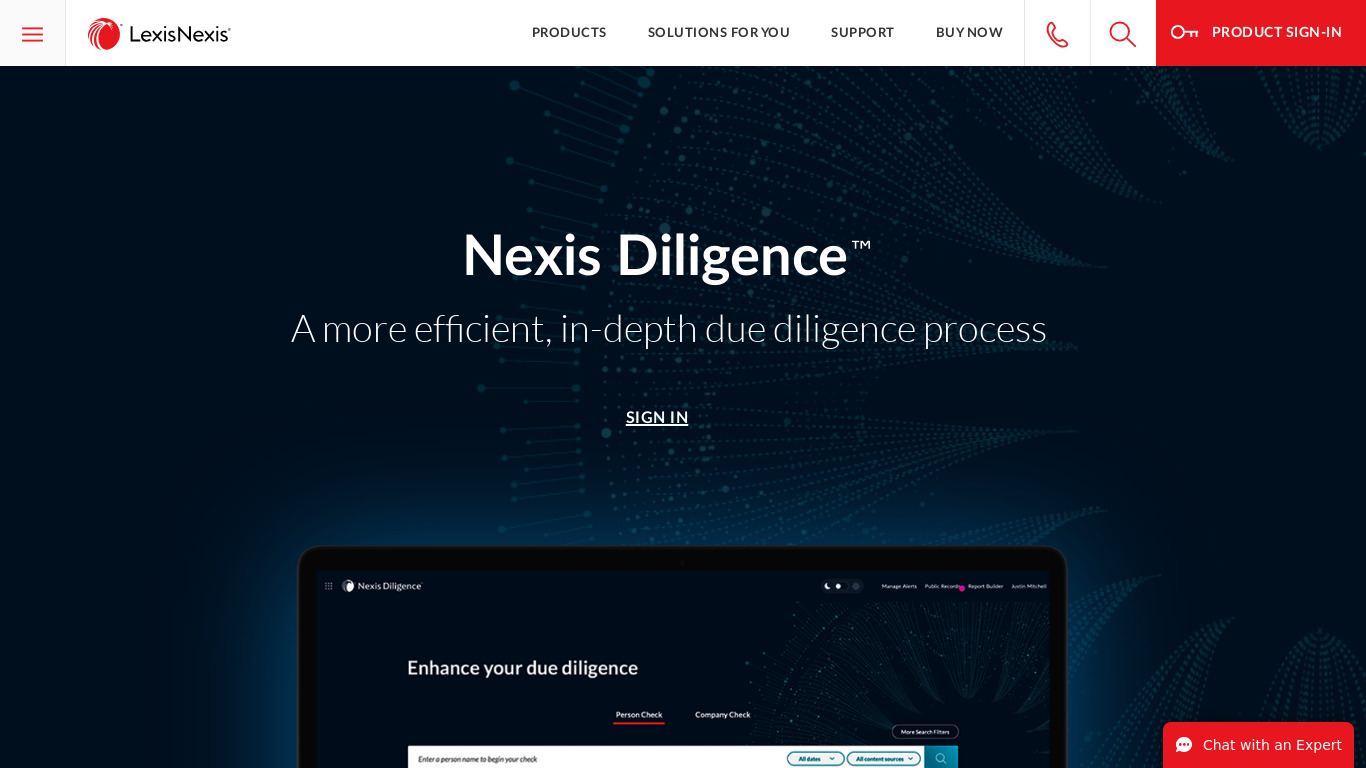 Lexis Diligence Landing page