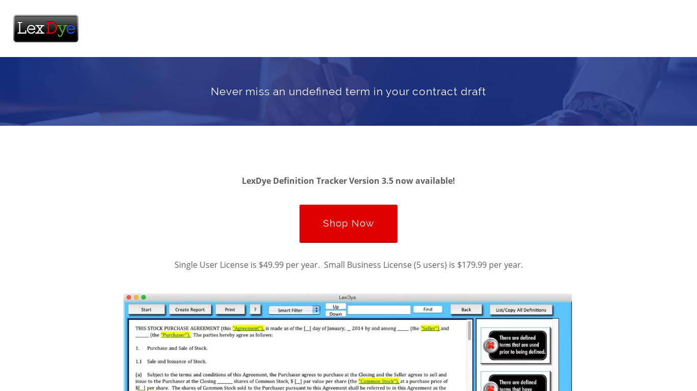 LexDye Definition Tracker Landing page