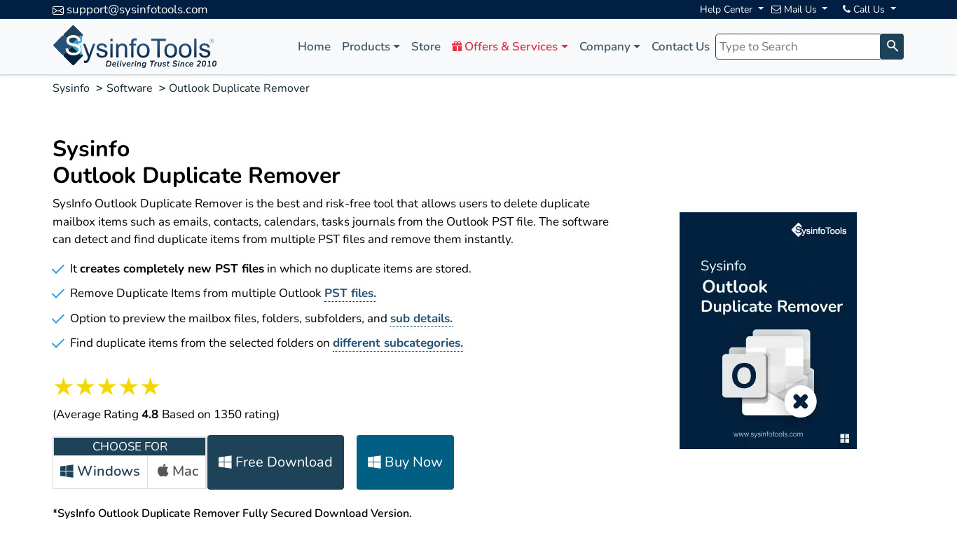 SysInfo Outlook Duplicate Remover Landing page