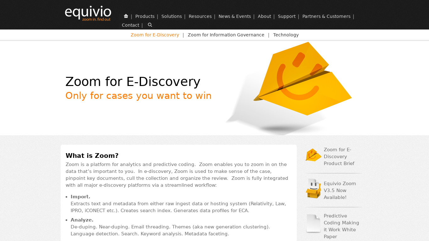 equivio.com Zoom for E-Discovery Landing page