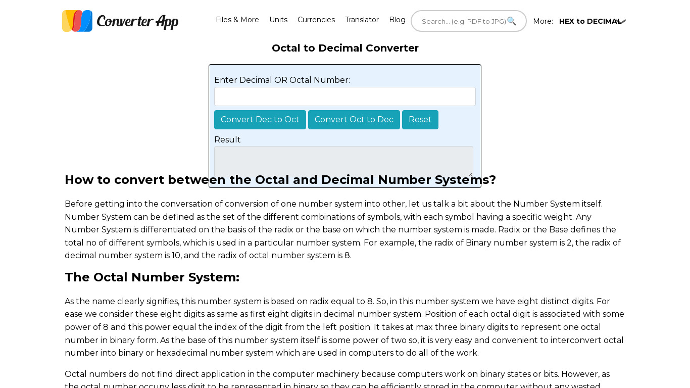 Octal 2 Decimal Landing page