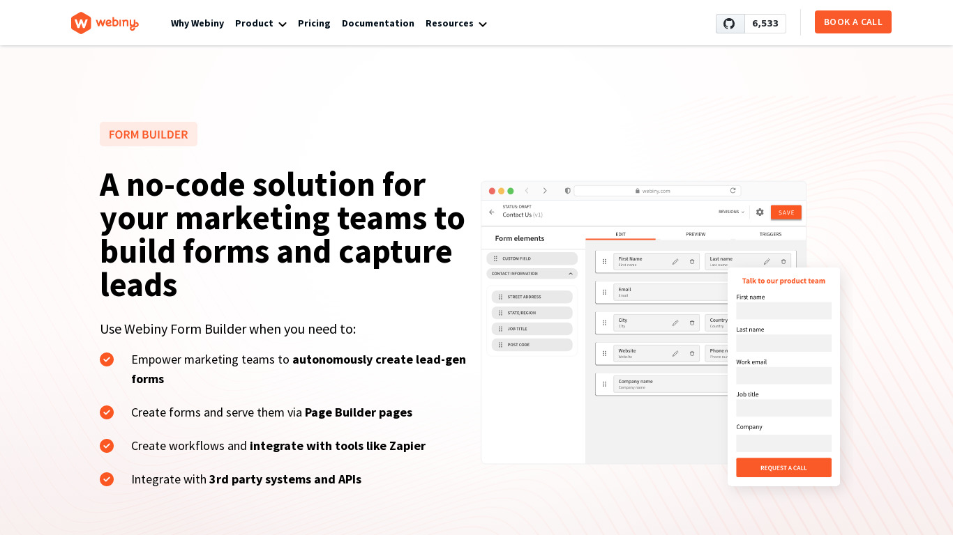 Form Builder by Webiny Landing page