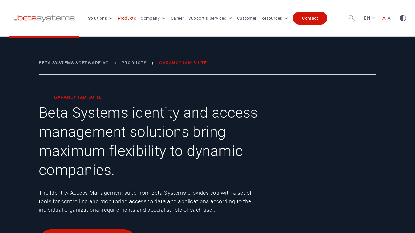 Beta Systems GARANCY IAM Suite Landing page