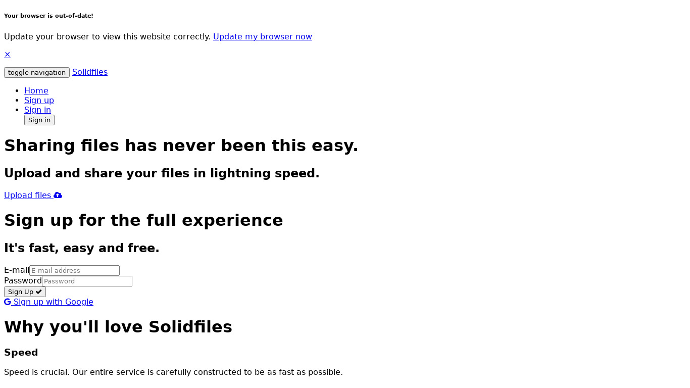 Solidfiles Landing page