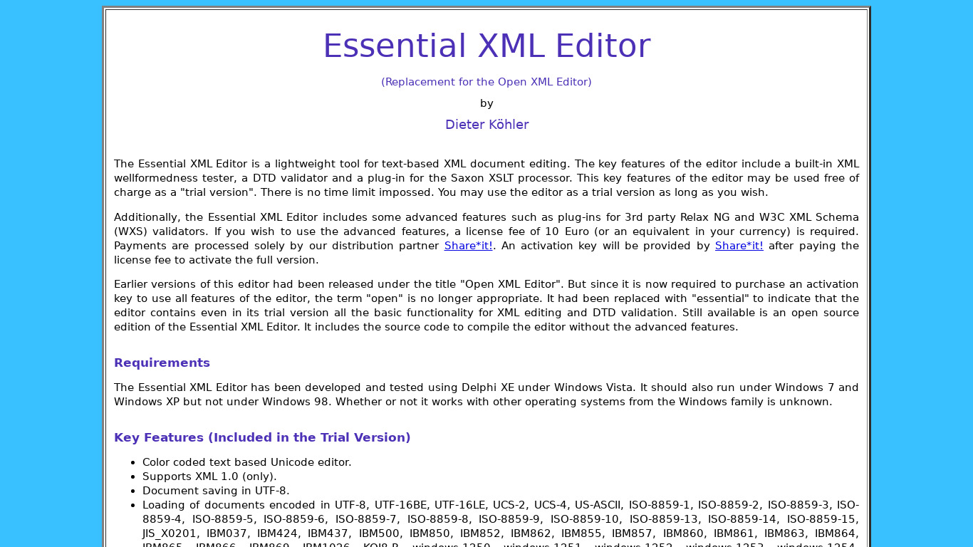 Essential XML Editor Landing page