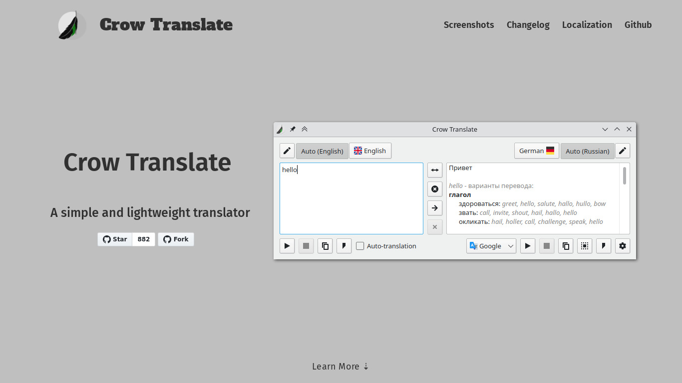Crow Translate Landing page