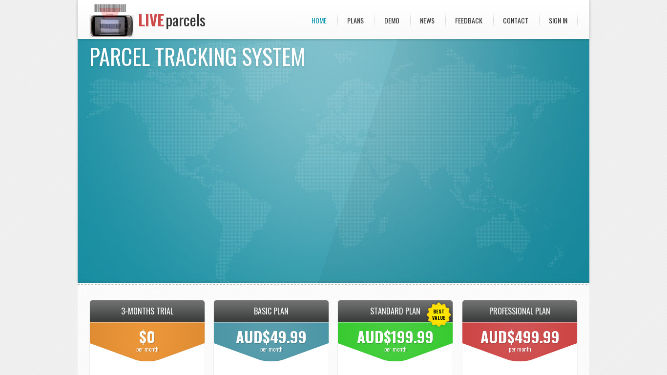 Live parcel tracking system Landing page