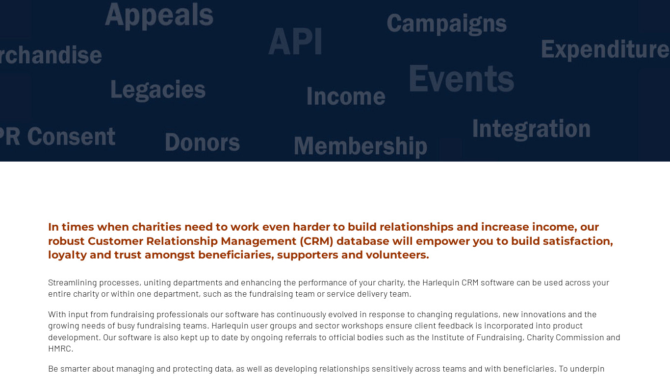 Harlequin CRM for Charities Landing page