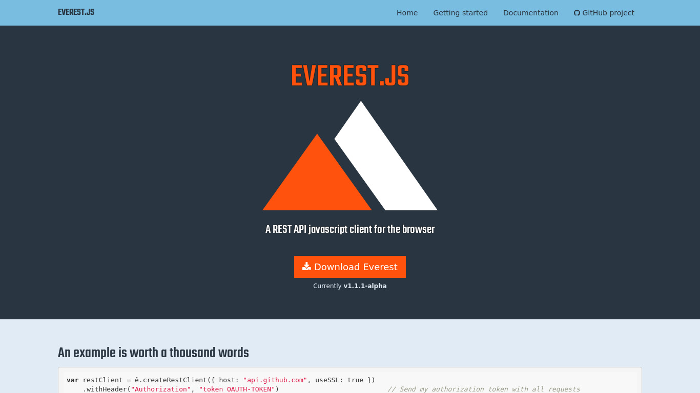 Everest.js Landing page